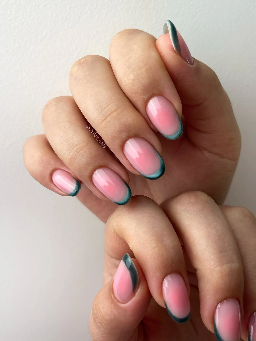 Fall short nails 2026 Pink Nails With Teal Curved French Edges