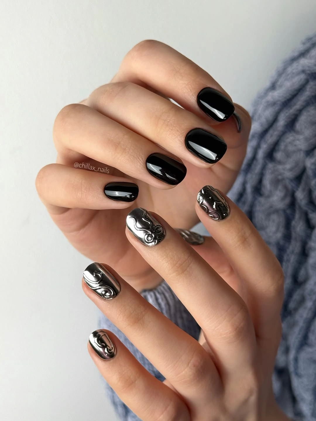 Fall short nails 2026 Black Short Nails With Silver Accent Art