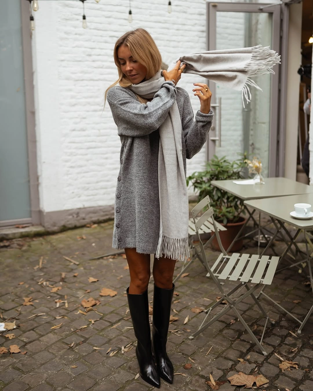 fall sweater dress outfits 2026 Gray Sweater Dress With Scarf And Classic Black Boots