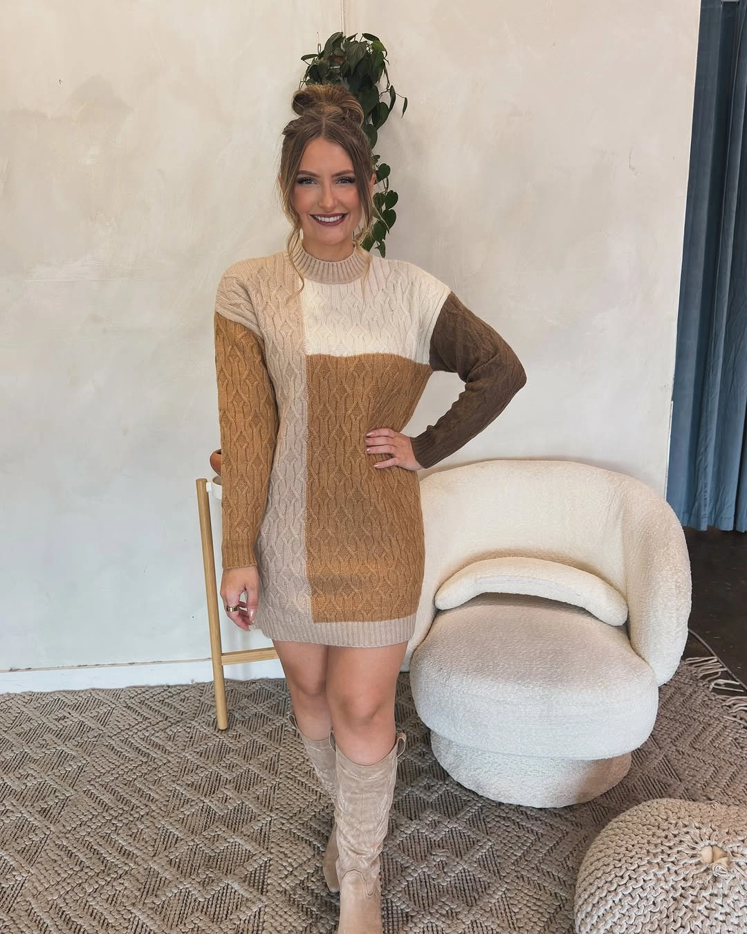 fall sweater dress outfits 2026 Color Block Sweater Dress With Neutral Autumn Shades