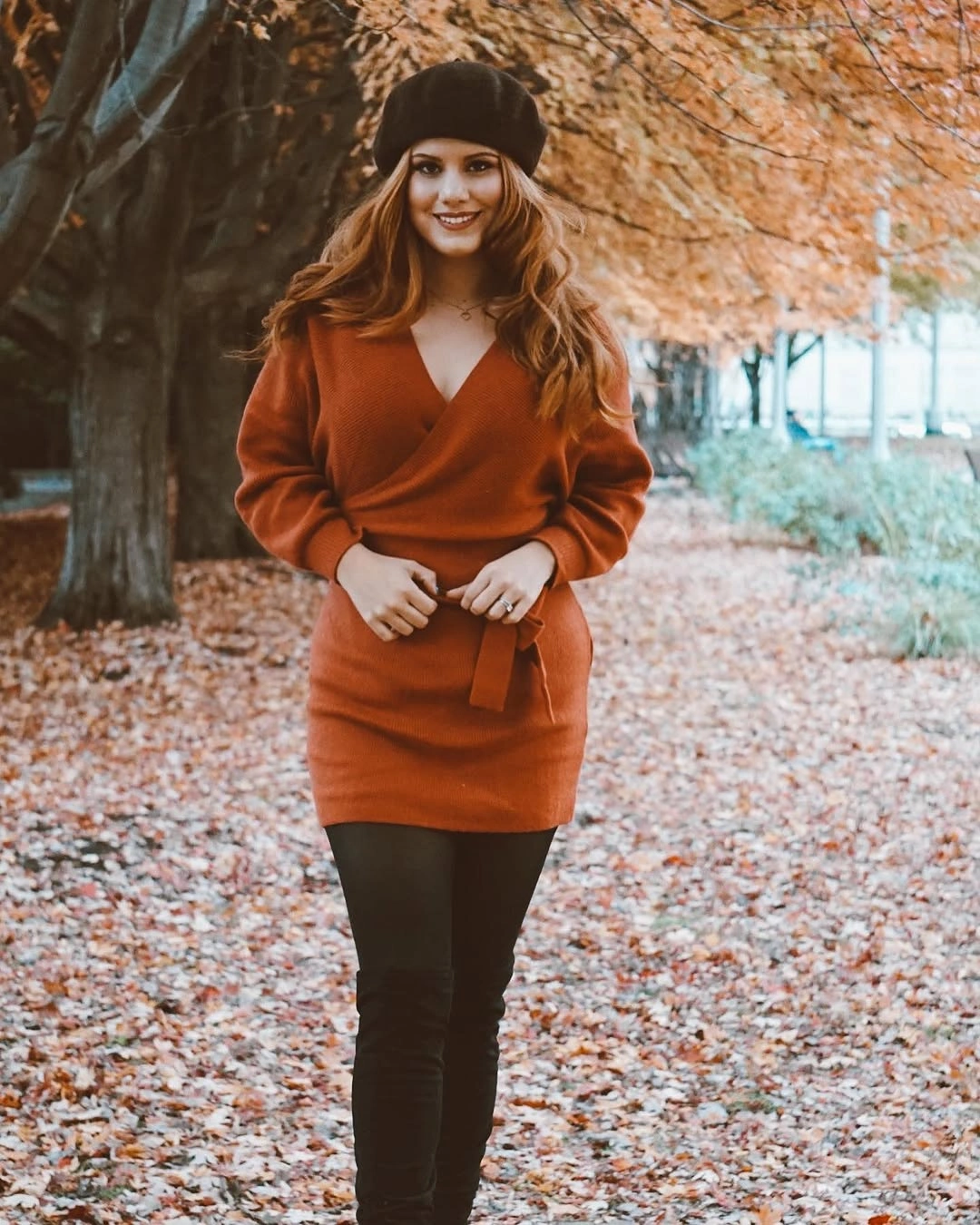 fall sweater dress outfits 2026 Rust Sweater Dress With Tights For A Romantic Fall Look
