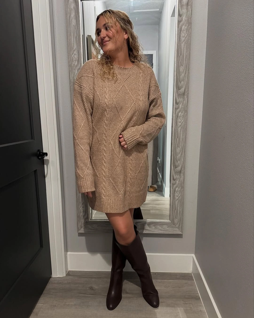 fall sweater dress outfits 2026 Classic Beige Cable Sweater Dress With Tall Boots