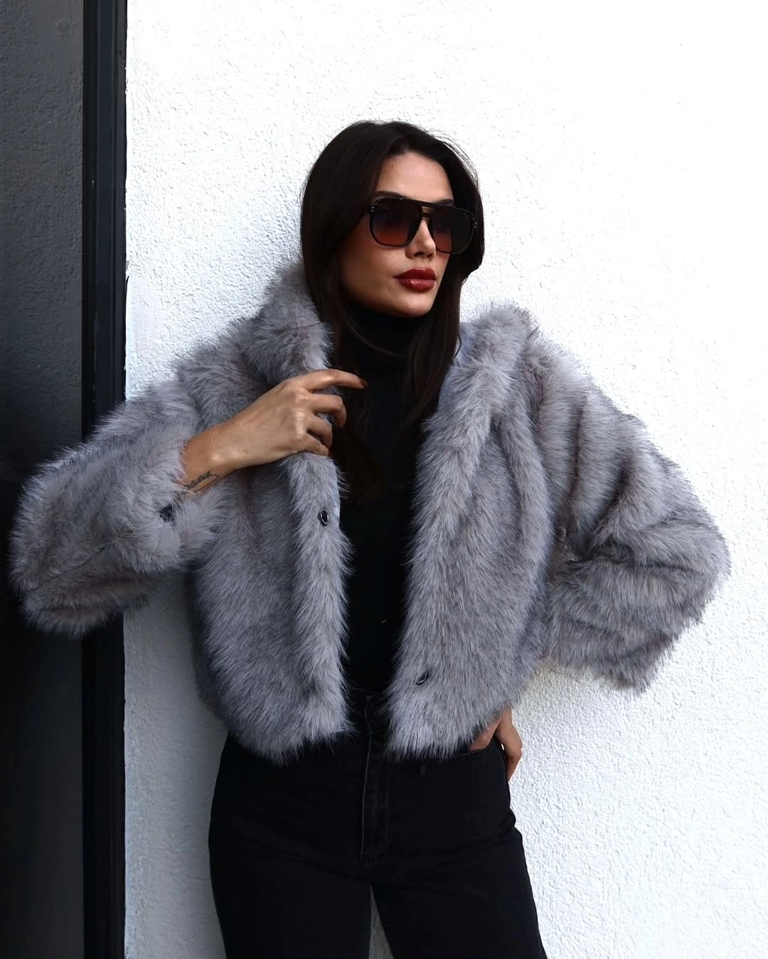 faux fur jacket Soft Grey Faux Fur with an All-Black Minimalist Outfit