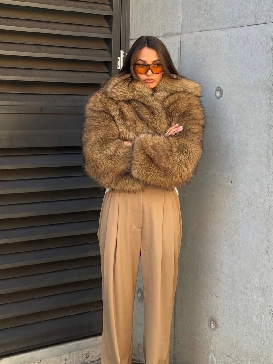 faux fur jacket Rich Brown Faux Fur with Soft Neutral Tailoring