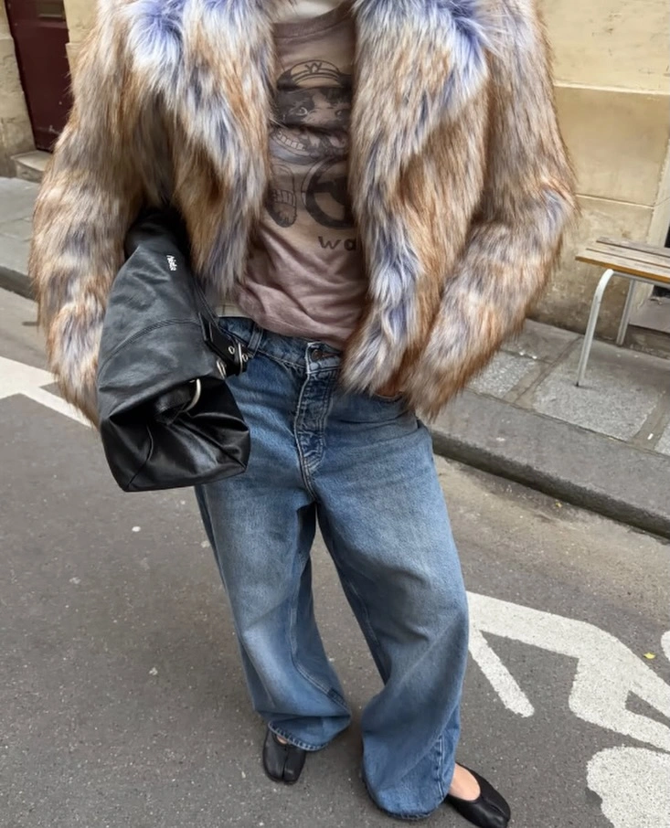 faux fur jacket Relaxed Vintage Layers with Blue Denim and Natural Faux Fur
