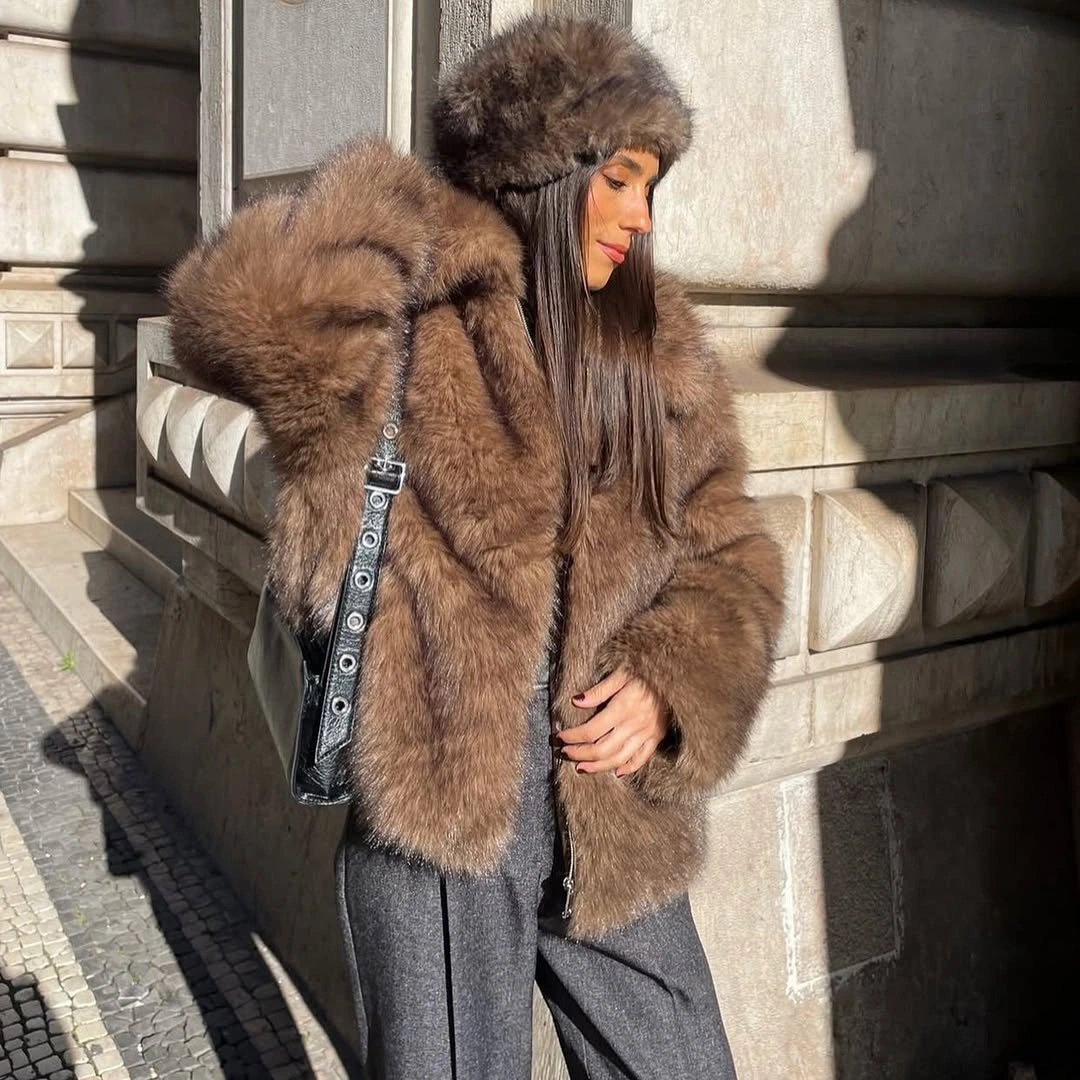 faux fur jacket Chocolate Brown Faux Fur with Cozy Winter Accessories