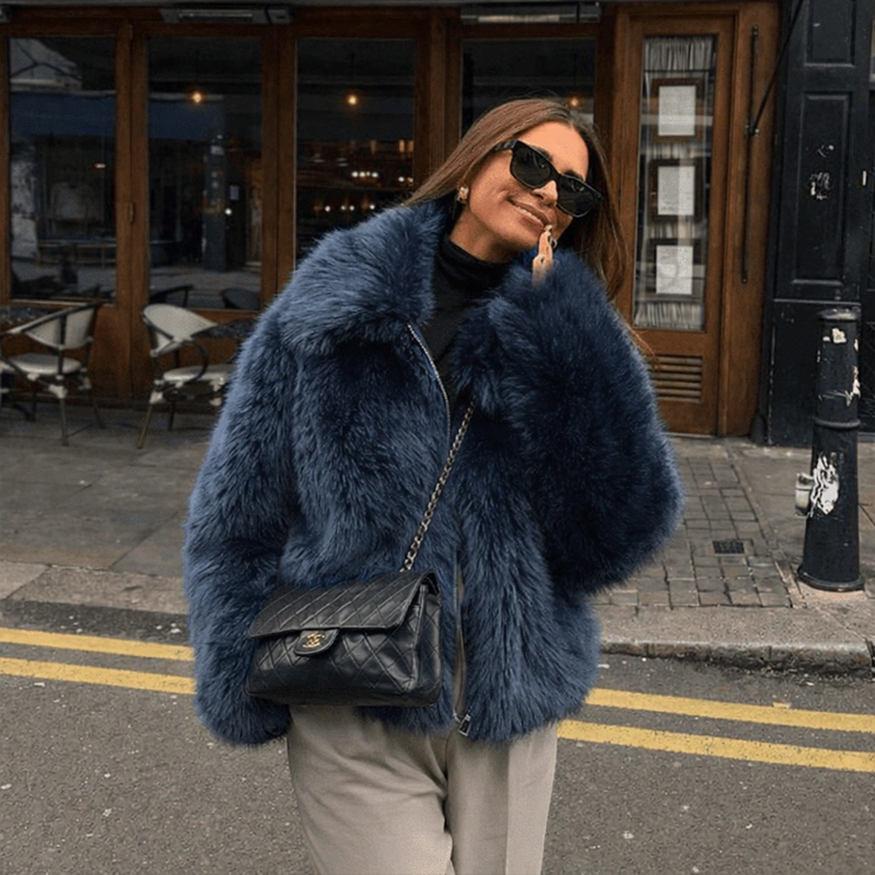 faux fur jacket Deep Blue Faux Fur That Refreshes Classic Winter Neutrals