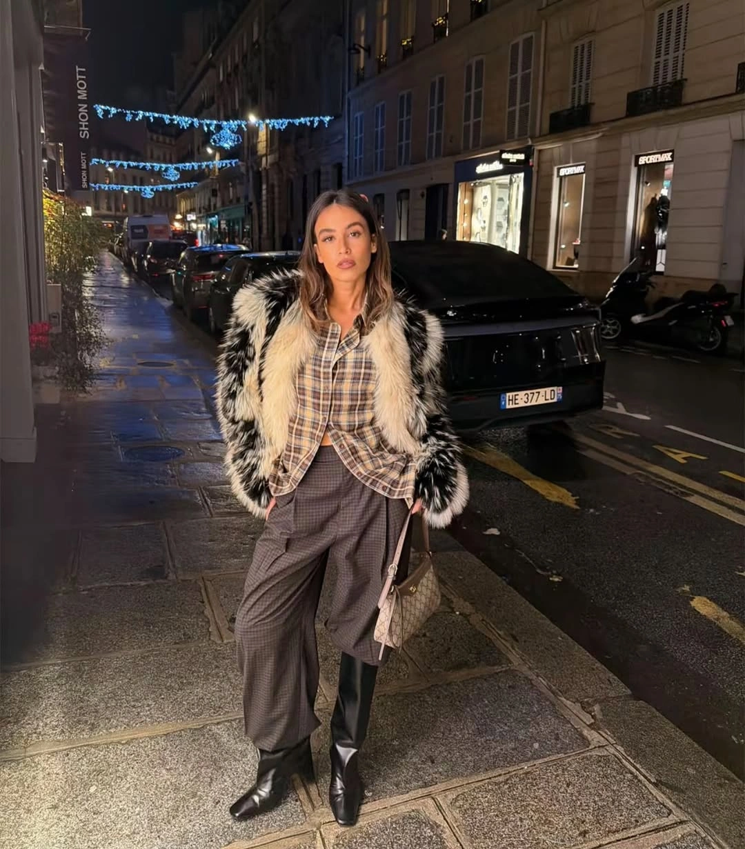 faux fur jacket Monochrome Faux Fur with Tailored Plaid for Chic Evening Style