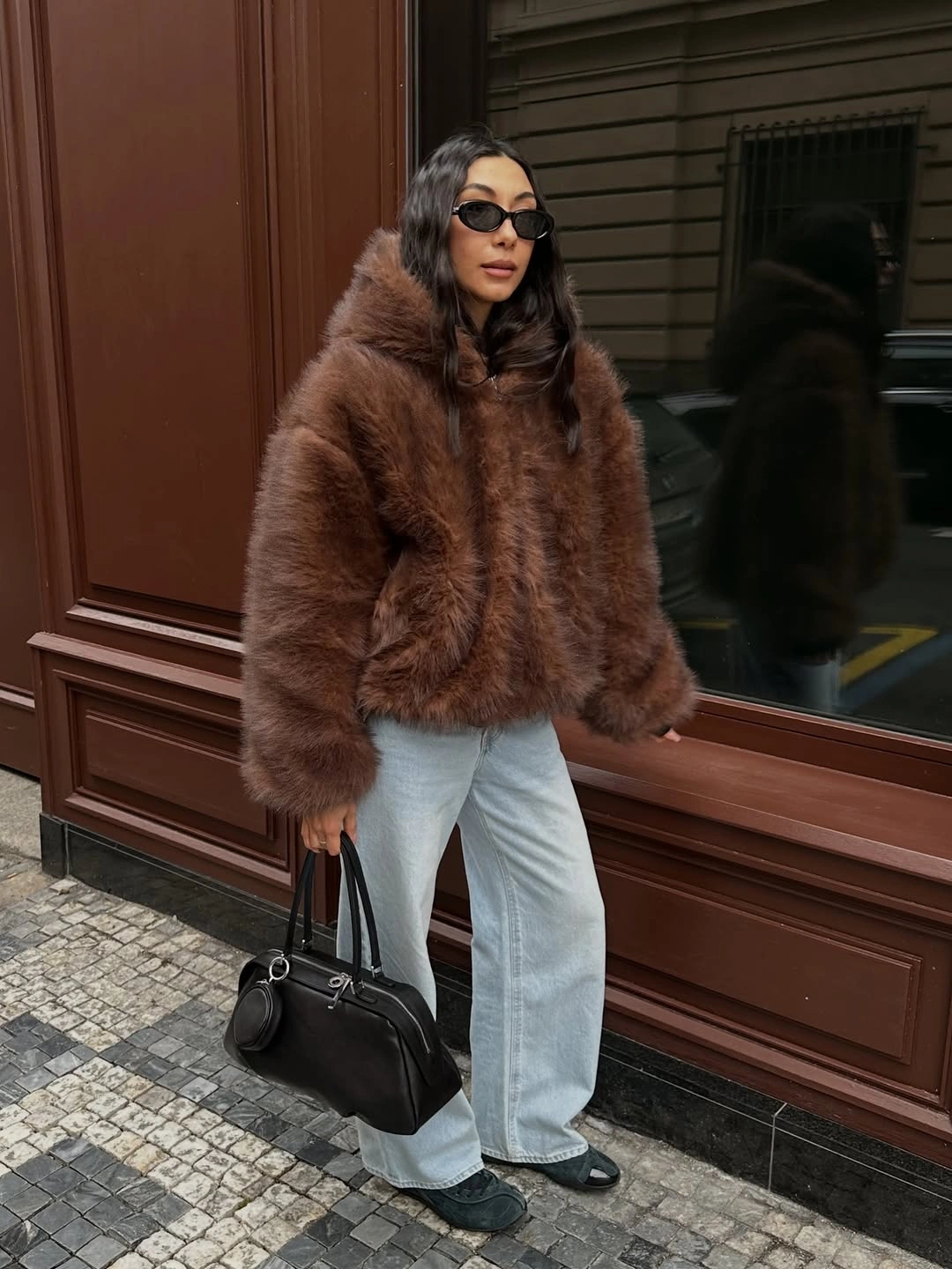 faux fur jacket Chocolate Brown Faux Fur with Relaxed Vintage Denim