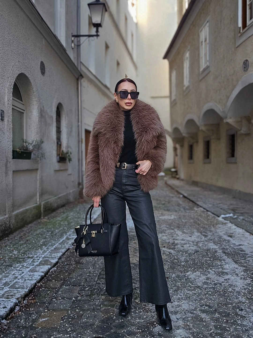 faux fur jacket Elegant Taupe Faux Fur with Sleek Black Leather Pieces