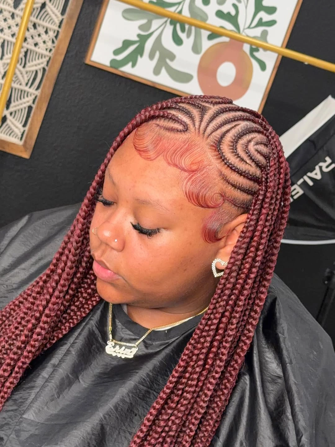 feed in braid hairstyles Burgundy Swirl Feed-In Braids with Artistic Spiral Cornrows