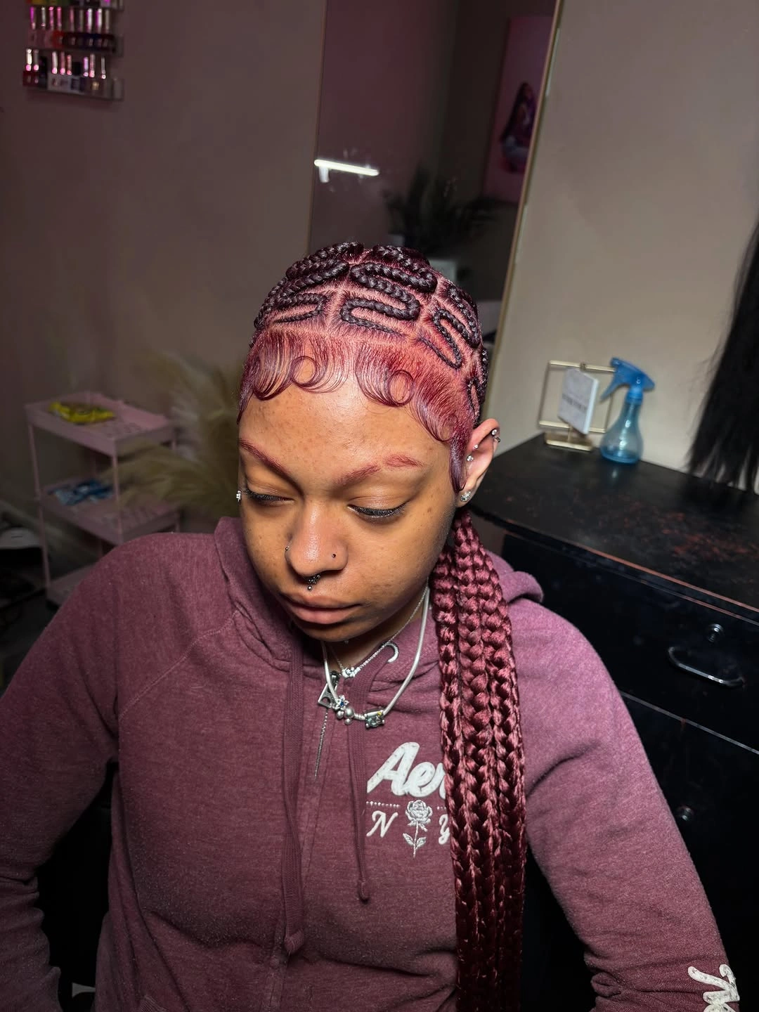 feed in braid hairstyles Burgundy Pattern Feed-In Braids with Creative Loop Designs