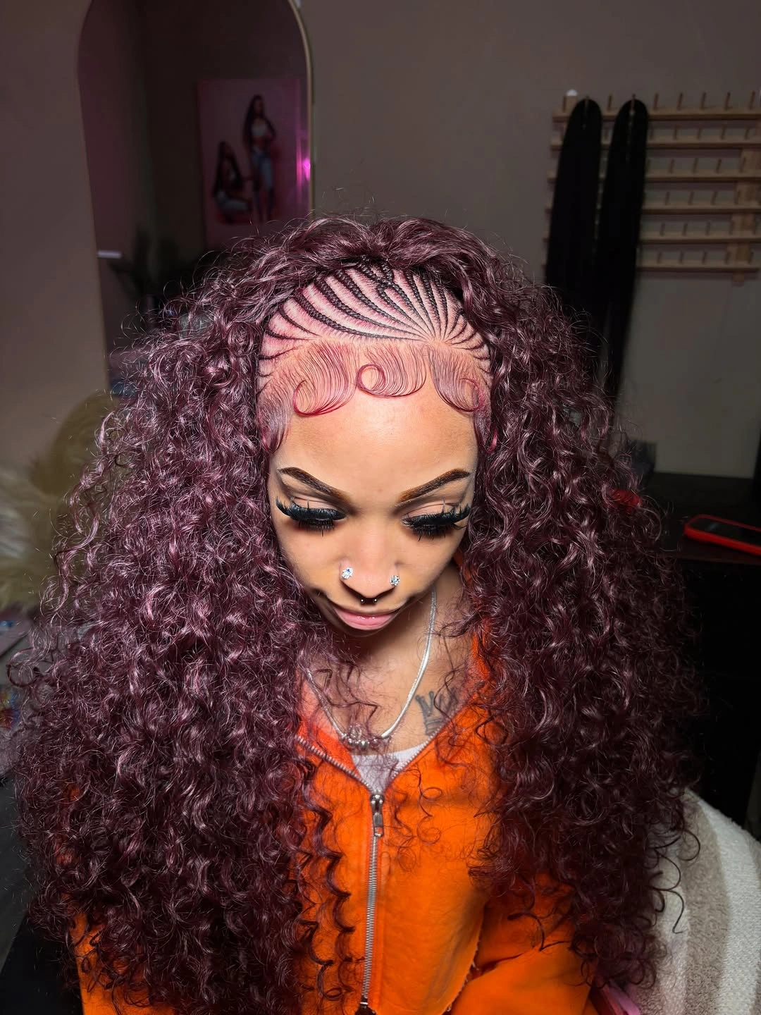 feed in braid hairstyles Half-Up Curly Feed-In Style with Radiating Cornrow Pattern