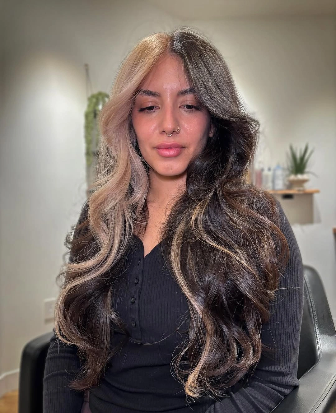 Hair Lowlights: Color Ideas and Inspiration Bold Split-Dimension Lowlights with Modern Color Blocking