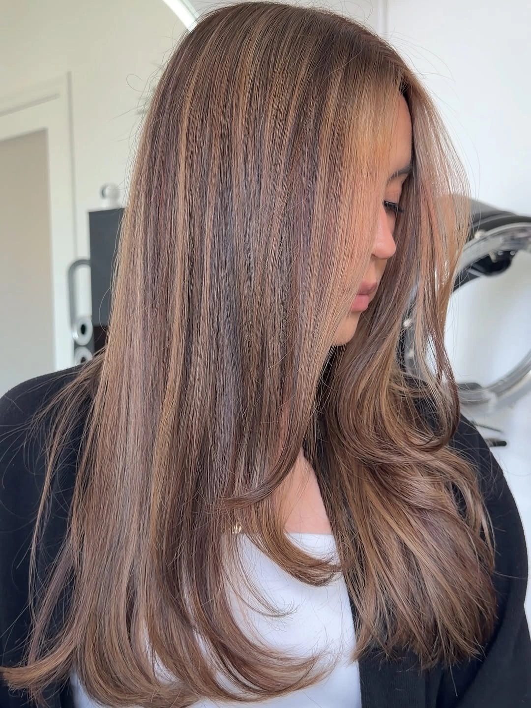 Hair Lowlights: Color Ideas and Inspiration Soft Cocoa Lowlights for Sleek Long Layered Hair