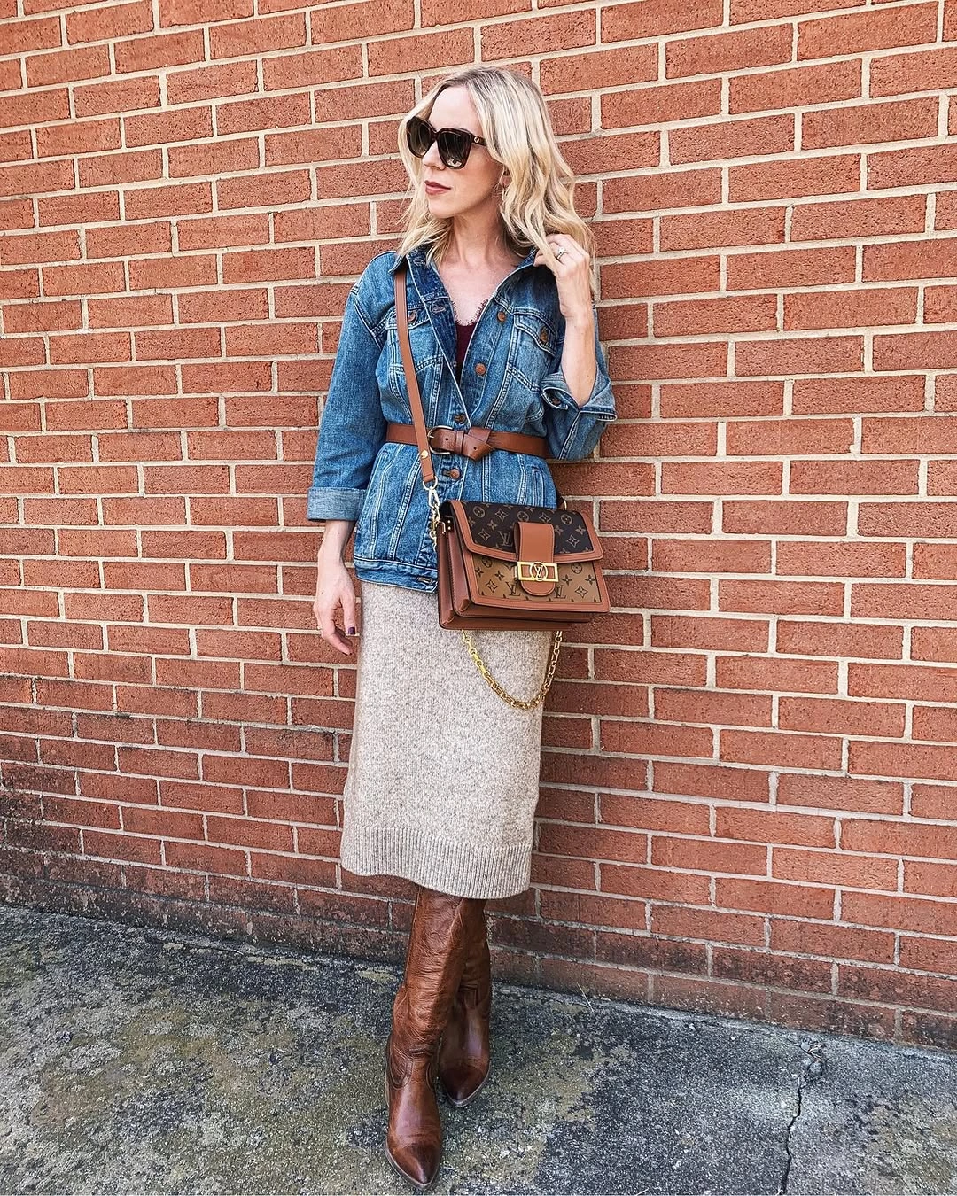 knit skirt outfits fall 2026 Beige Long Knit Skirt With Denim Jacket Layers