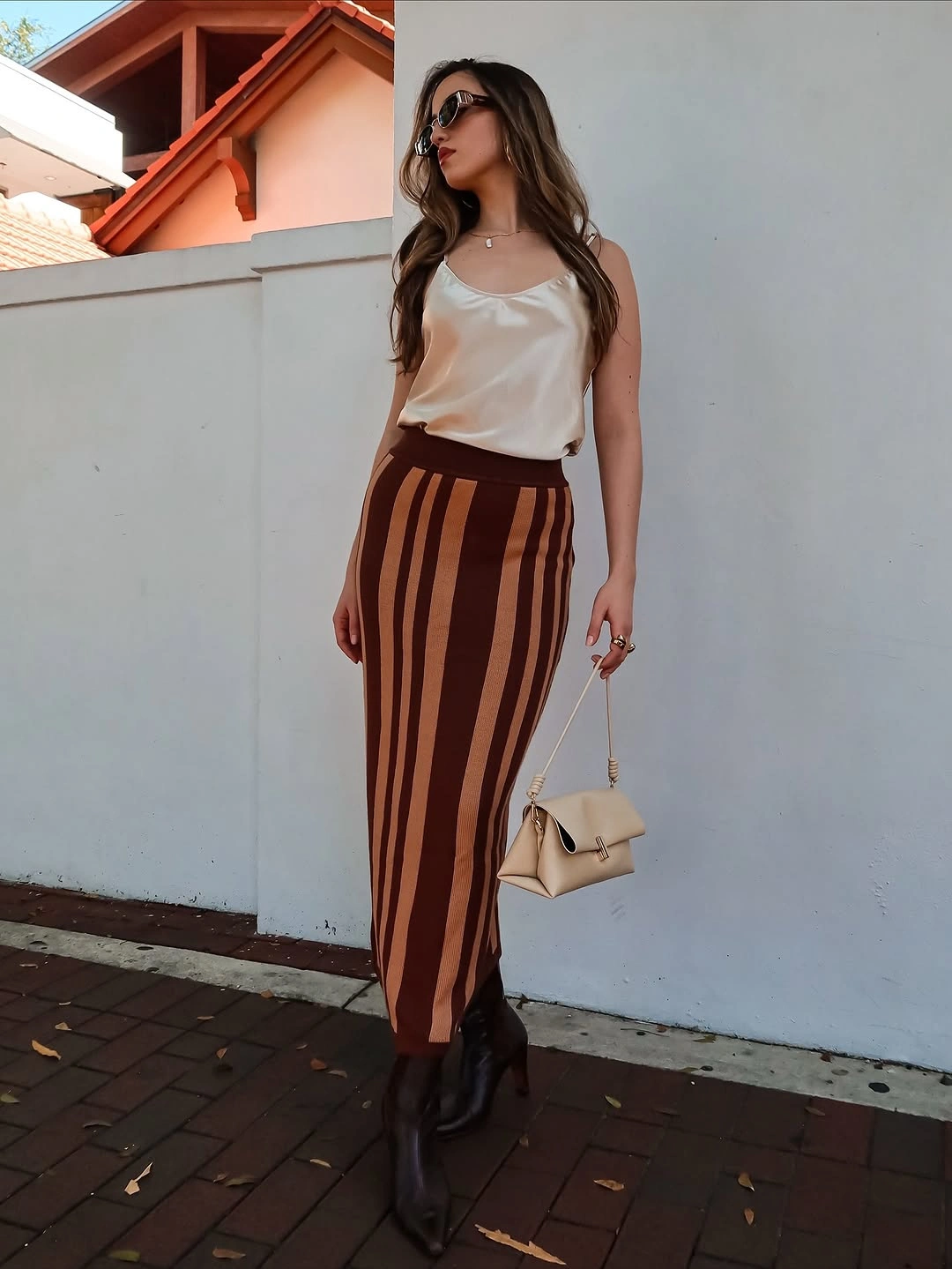knit skirt outfits fall 2026 Brown Striped Knit Skirt With A Satin Top