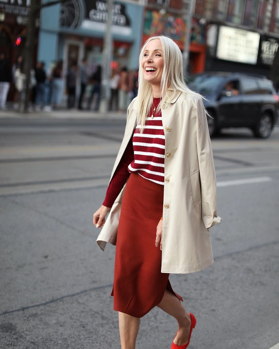knit skirt outfits fall 2026 Red Knit Skirt And Striped Sweater With A Classic Fall Coat