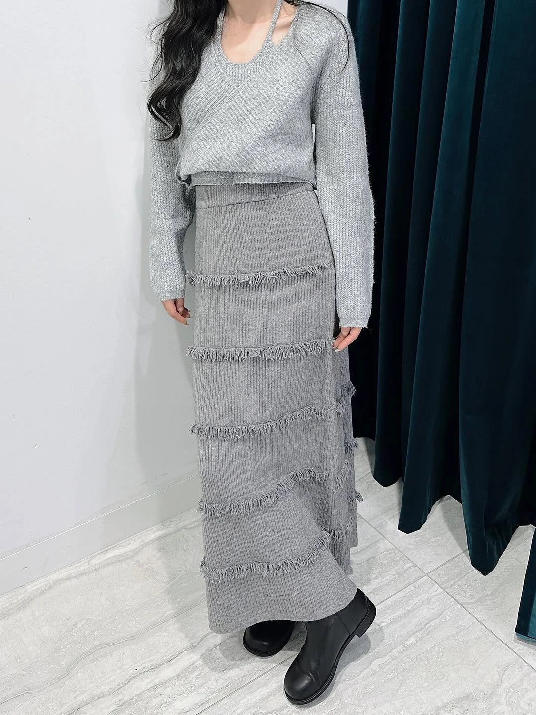 knit skirt outfits fall 2026 Grey Rib Knit Skirt Set With A Modern Cozy Texture
