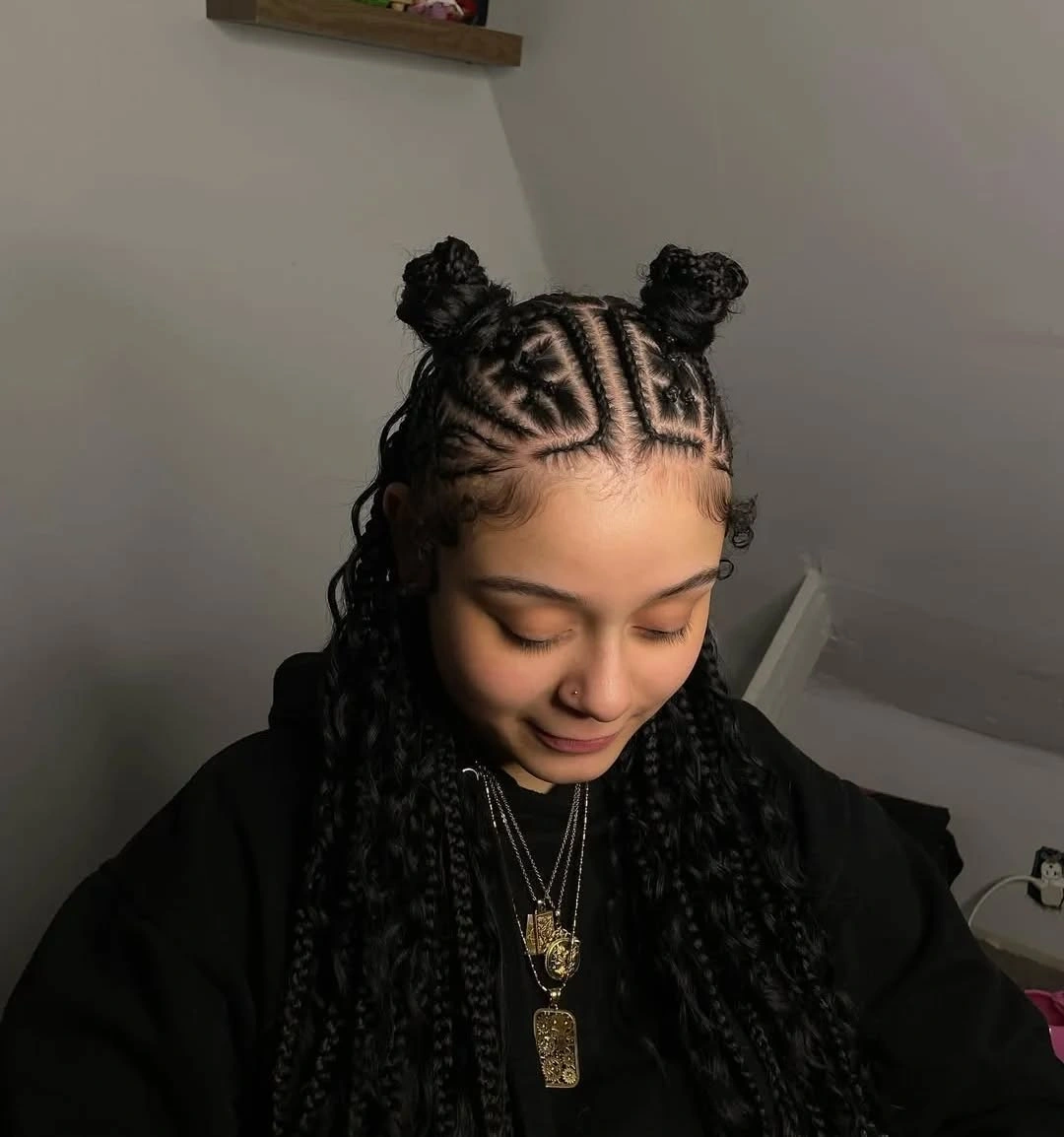 lemonade braid hairstyle Playful Half-Up Lemonade Braids With Double Space Buns