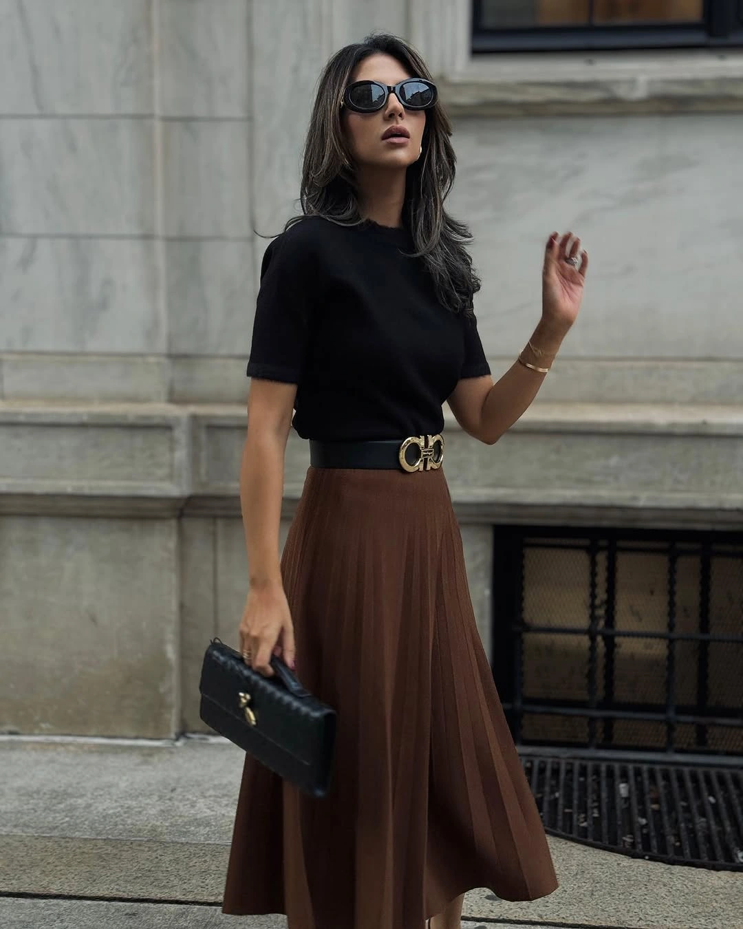 midi skirt fall outfit 2026 Brown Pleated Midi Skirt With Timeless Black Details