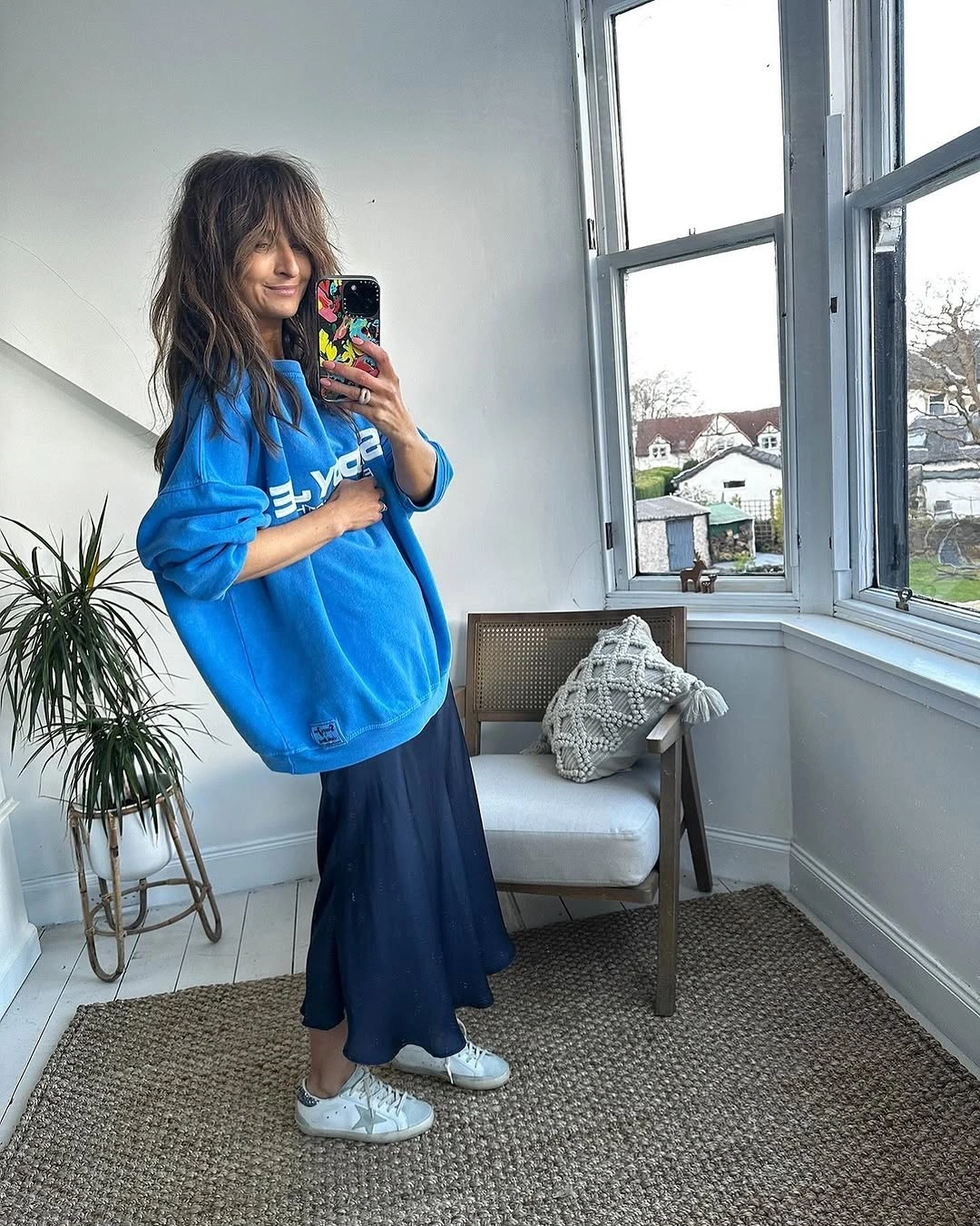 midi skirt fall outfit 2026 Blue Sweatshirt And Satin Midi Skirt For Casual Fall Days