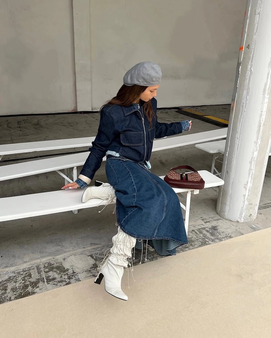 midi skirt fall outfit 2026 Double Denim Midi Skirt Look With Modern Street Details