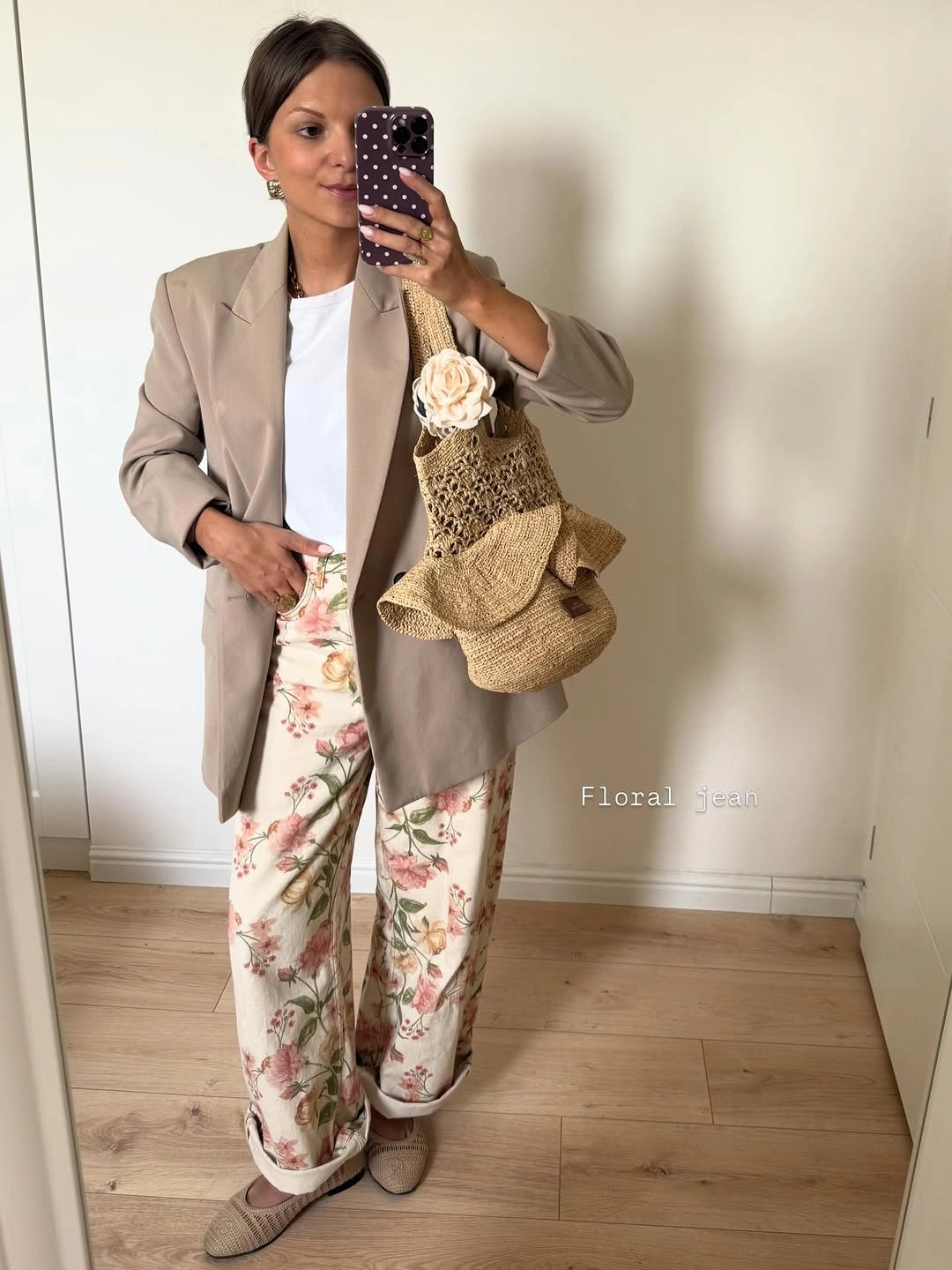 September fashion trends 2026 Beige Blazer With Floral Wide Trousers