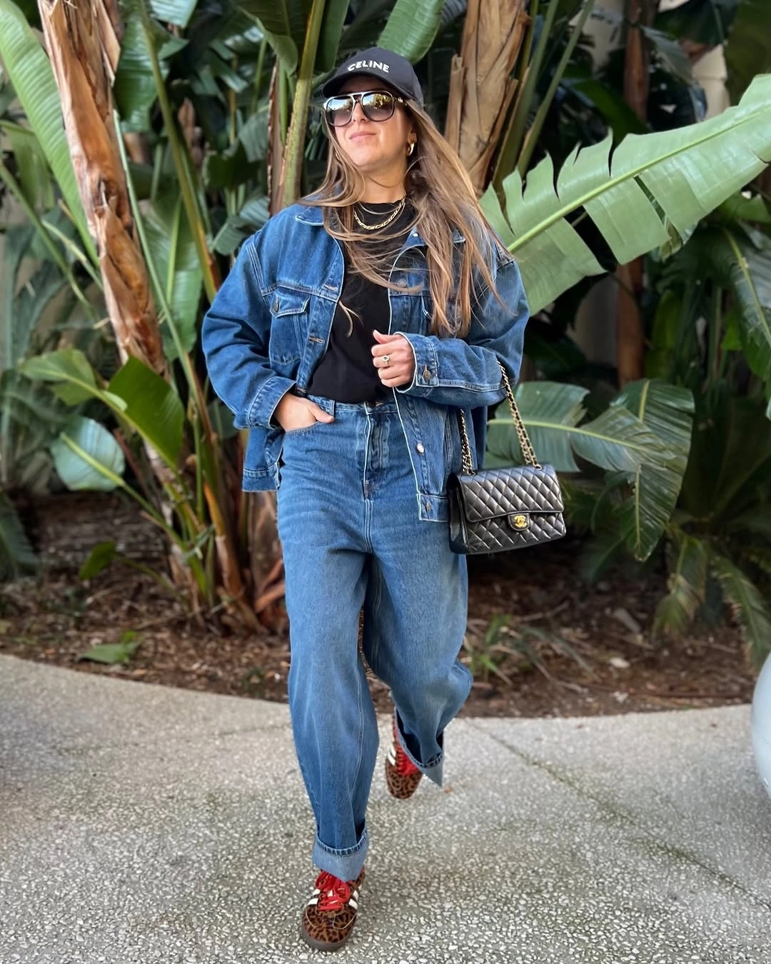 September fashion trends 2026 Denim-On-Denim With Red Shoe Contrast