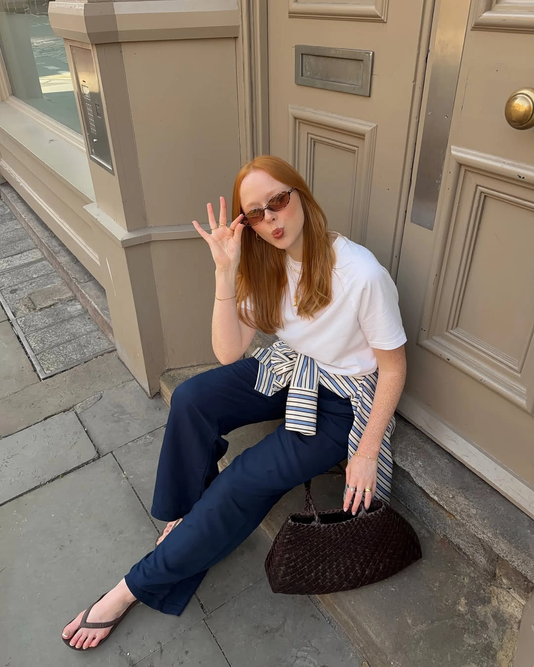 September fashion trends 2026 White Tee With Navy Trousers And Waist Tie