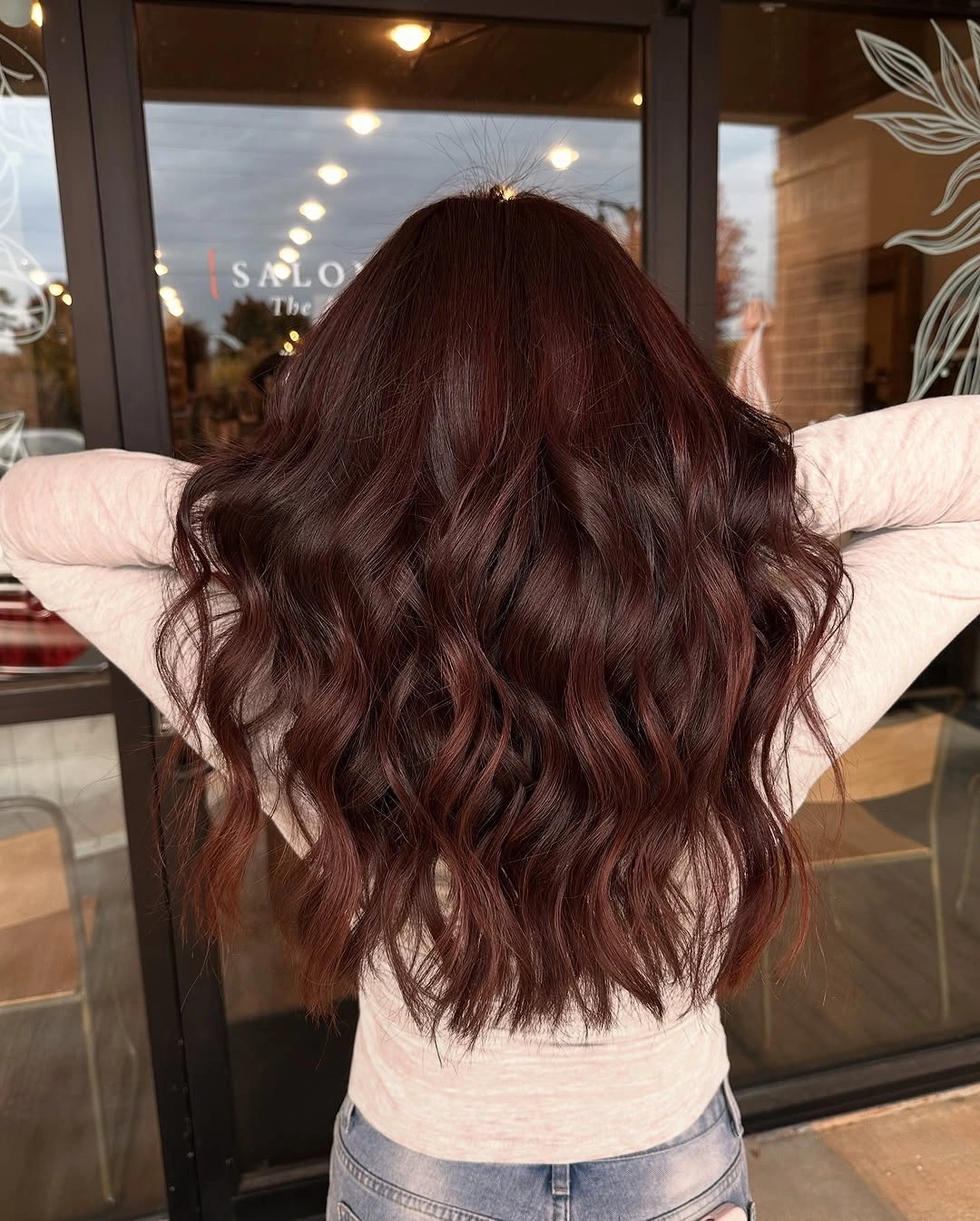 September hairstyles ideas 2026 Wine-Toned Waves With Full Back Volume