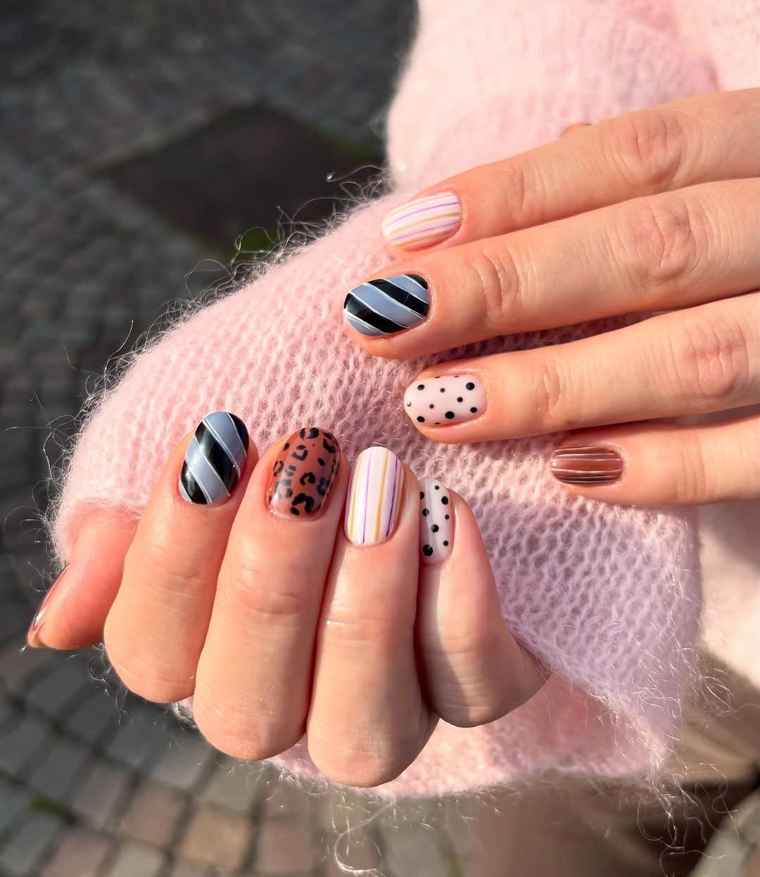 September nail art ideas 2026 Mixed Pattern Short Nails With Copper Chrome Accents