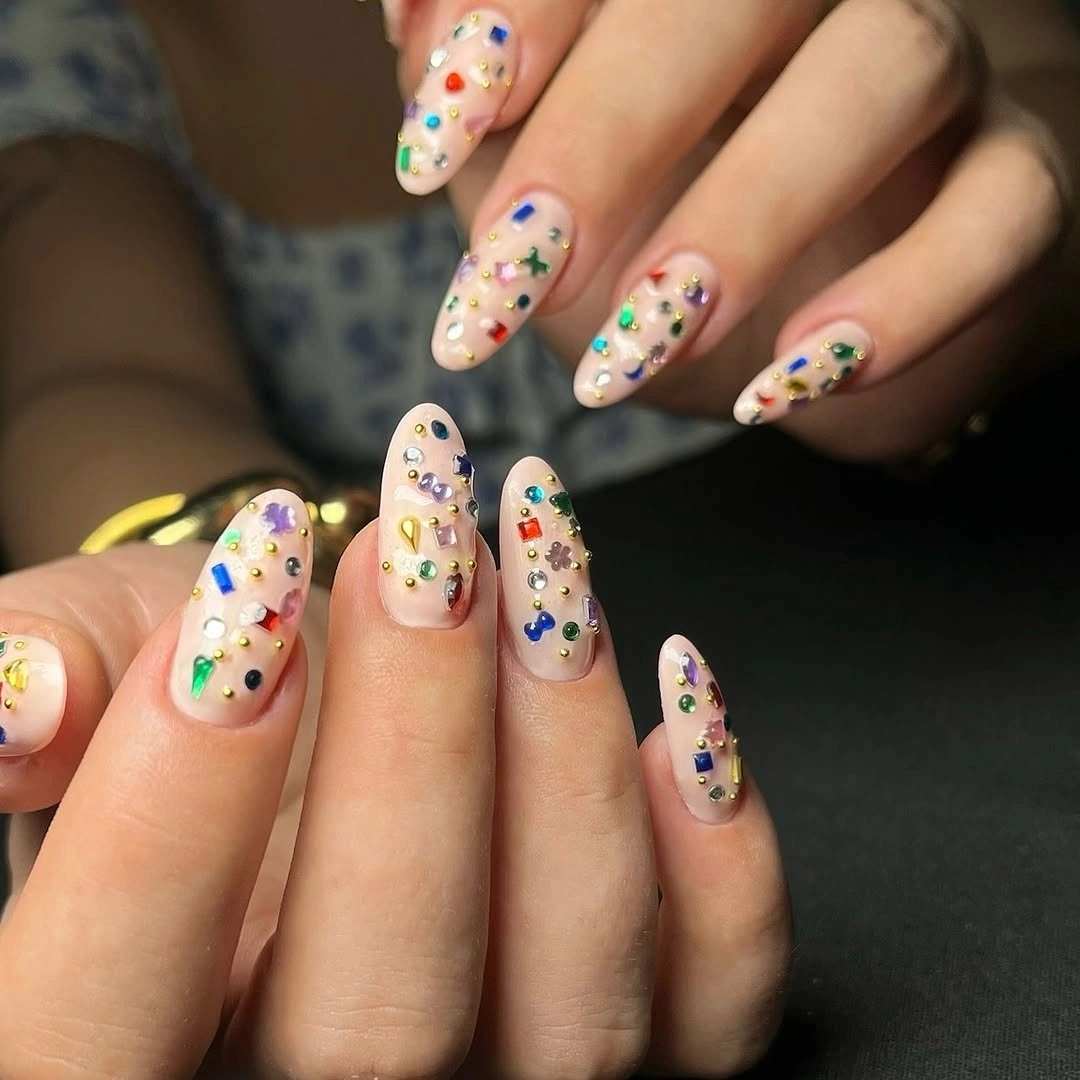 September nail art ideas 2026 Nude Almond Nails With Confetti Dot Art