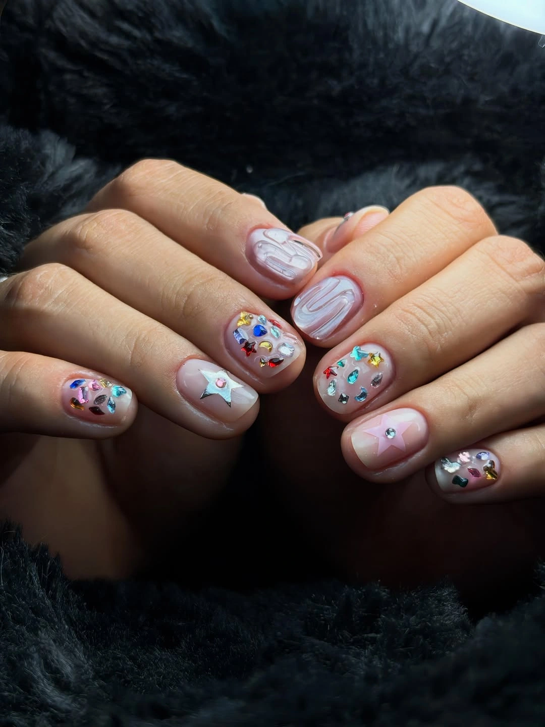 September nail designs 2026 Pink Short Nails With White Swirls And Confetti Dots