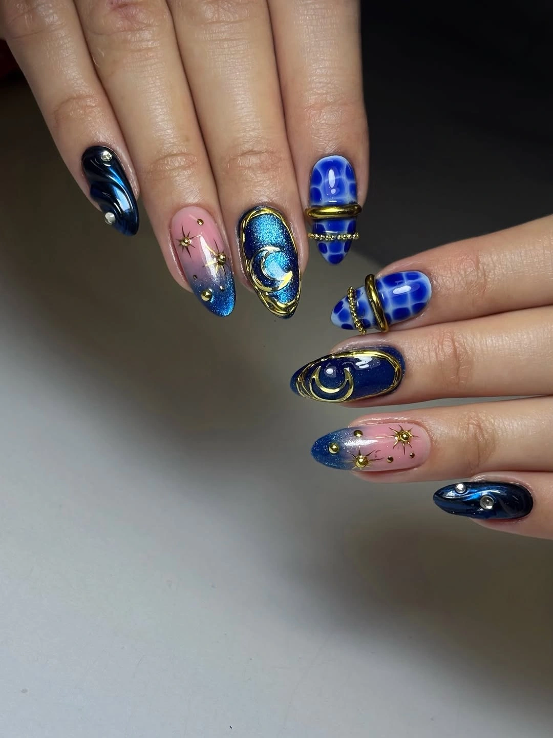 September nail designs 2026 Royal Blue Plaid Nails With Gold Star Details