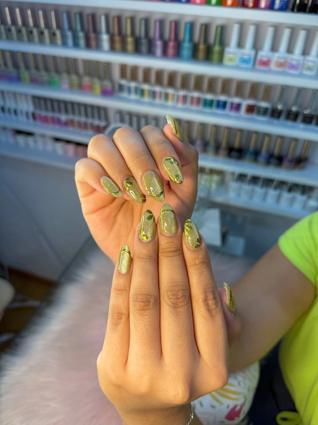 September nail designs 2026 Lime Leafy Almond Nails With Gold Details