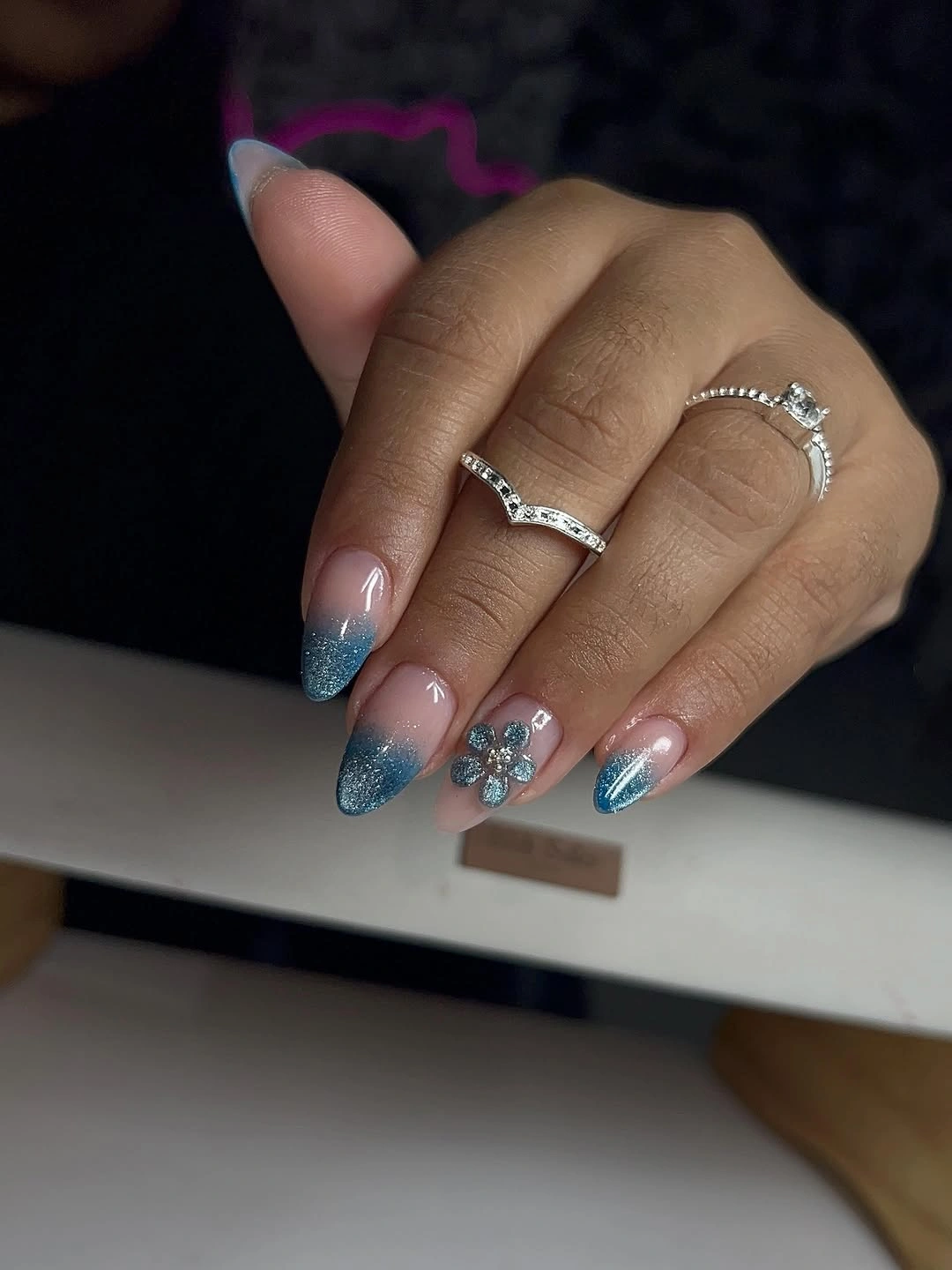 September nail designs 2026 Aqua Glitter French Nails With Blue Flowers
