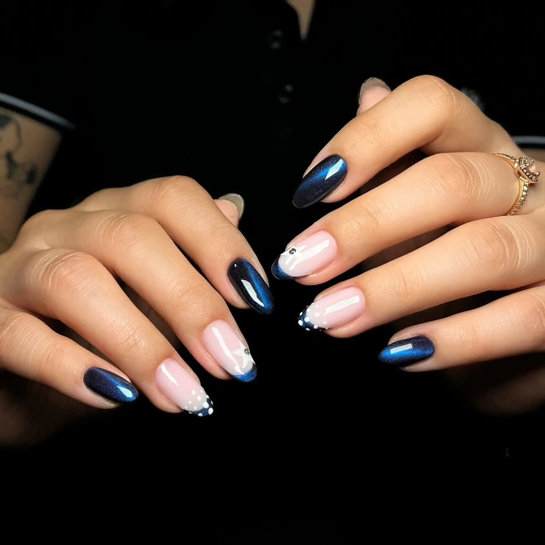 September nail designs 2026 Navy Cat Eye French Nails With Blue Glitter Tips