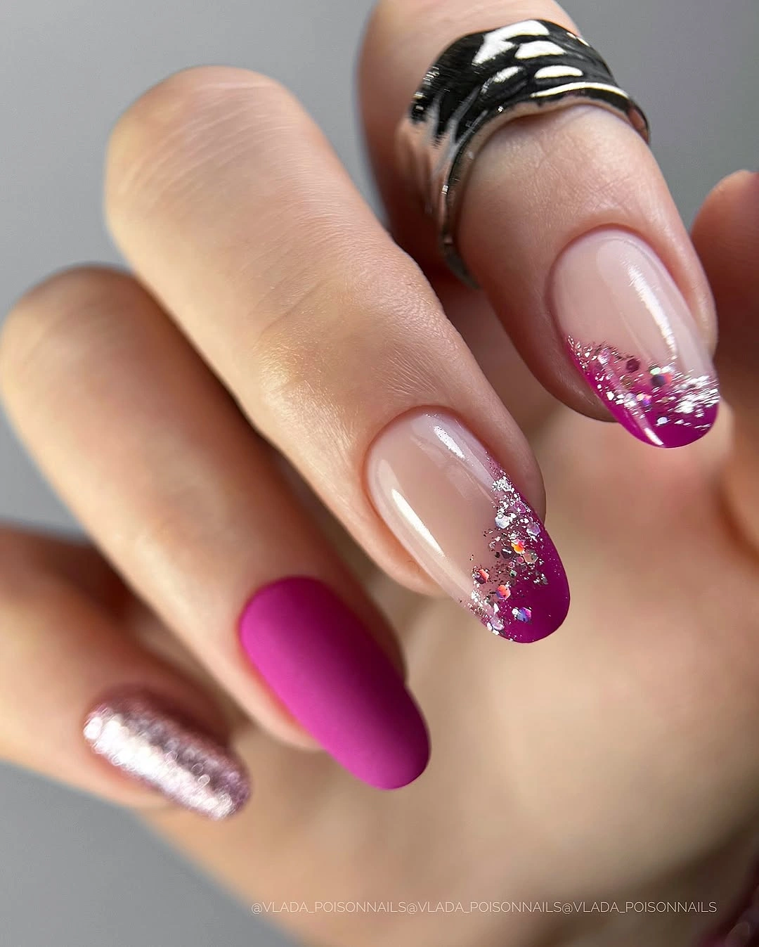 September nail designs 2026 Magenta Glitter French Tips With A Matte Pink Nail