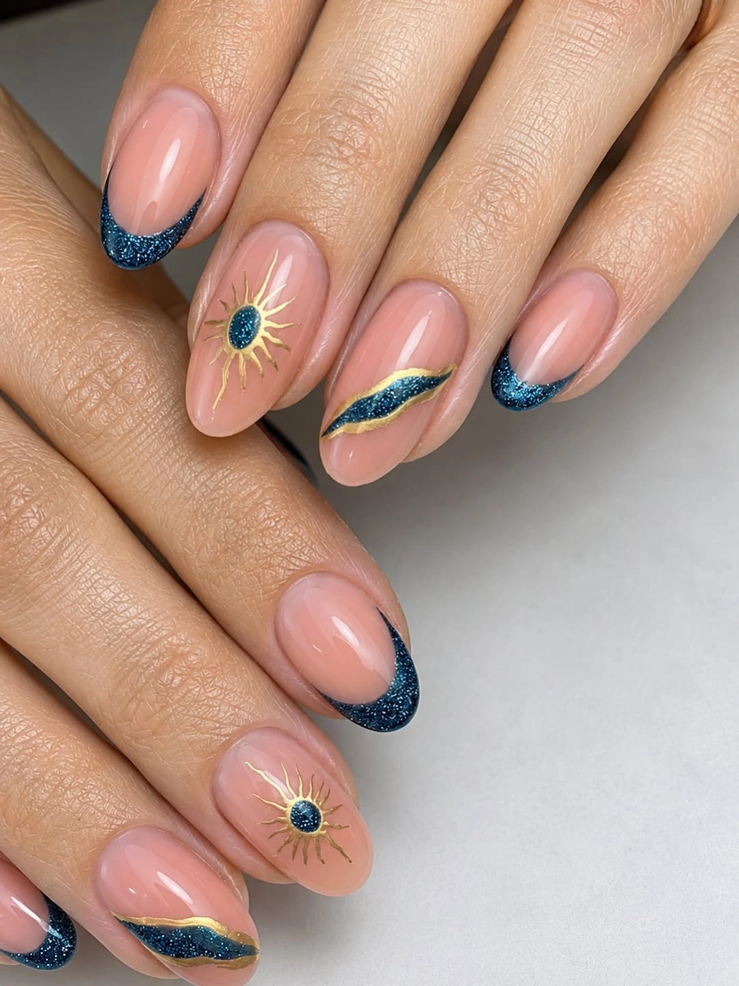 September nail designs 2026 Navy Glitter French Nails With Botanical Accents
