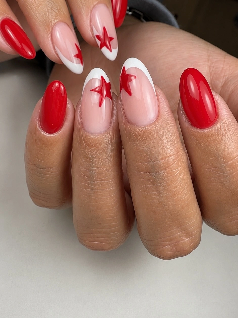 September nail designs 2026 Red Almond Nails With White French Stars