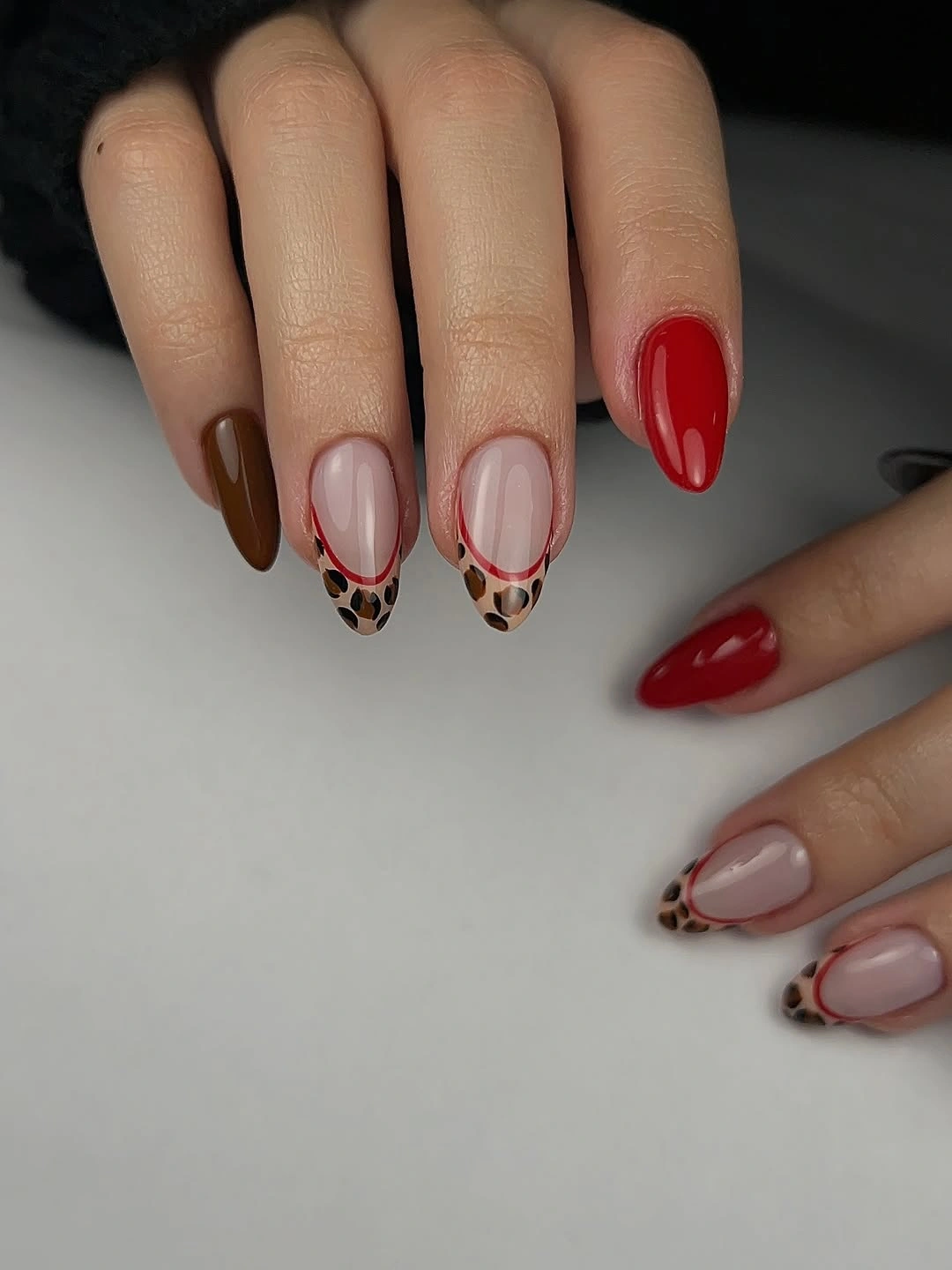 September nail designs 2026 Red Brown Nails With Leopard French Tips
