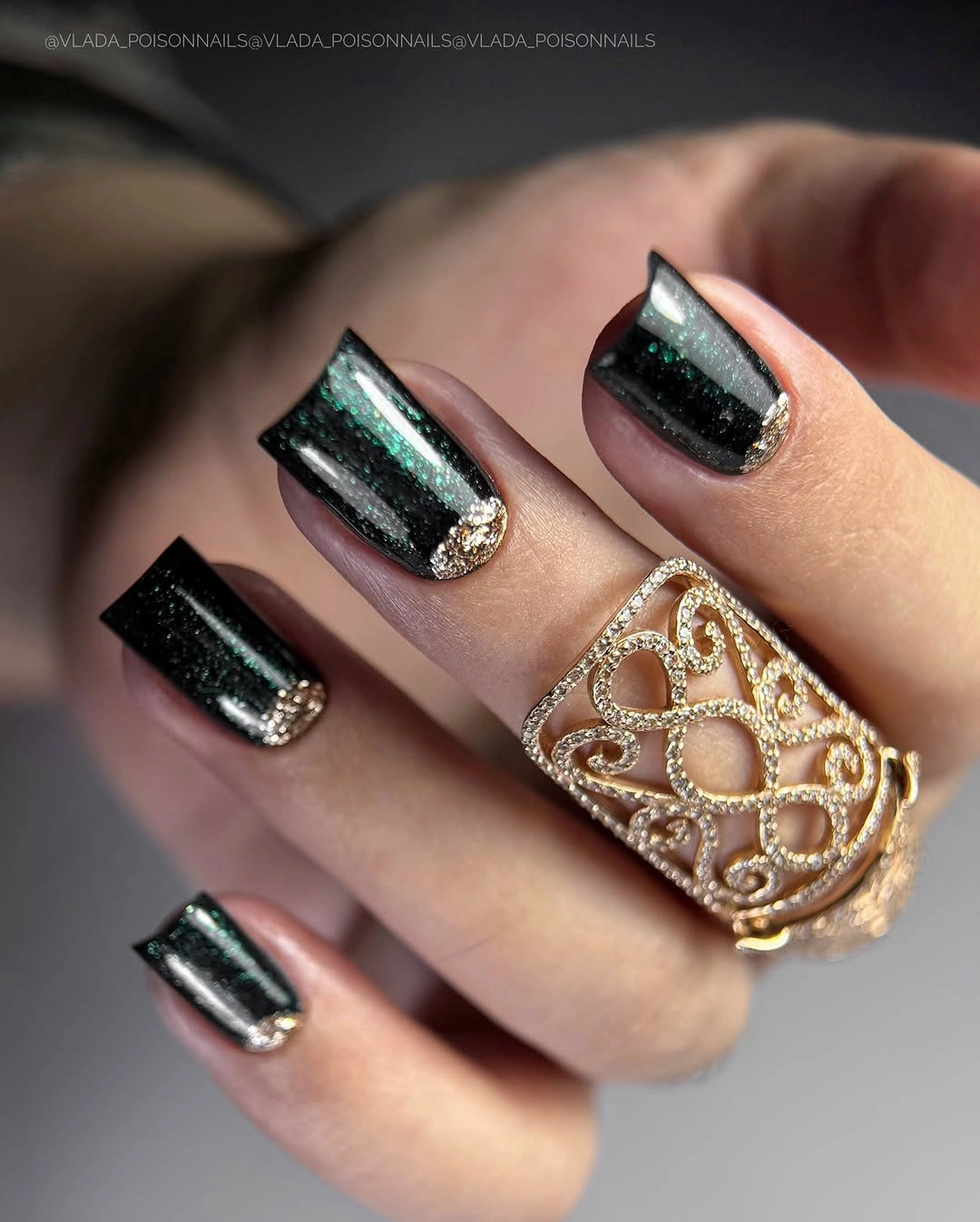 September nails color 2026 Black Cat Eye Squares With A Gold Glitter Accent