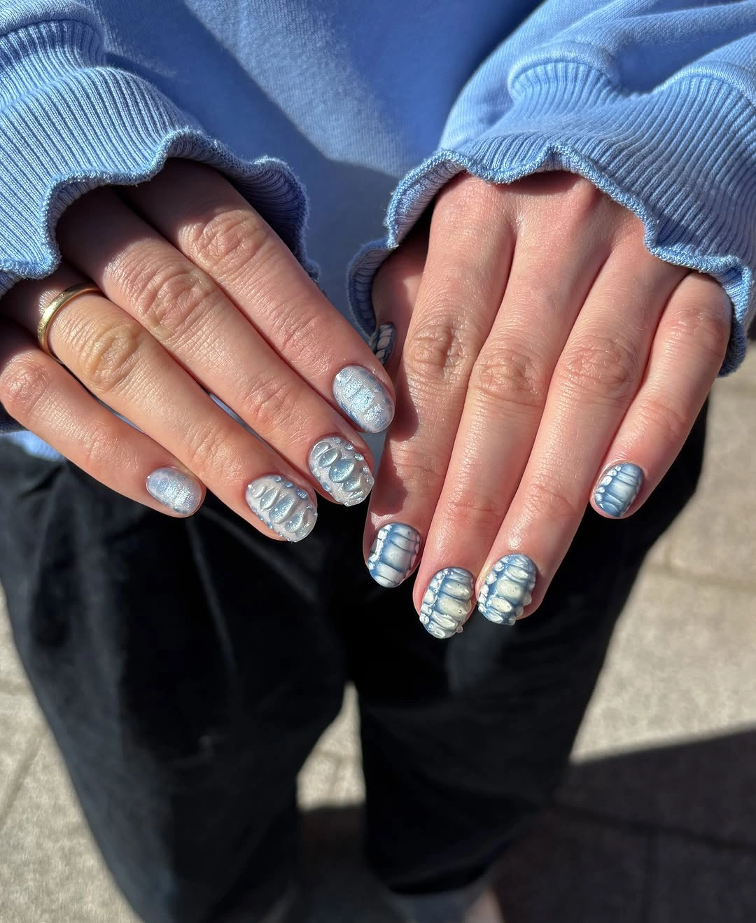 September nails color 2026 Powder Blue Short Nails With Plaid Detail
