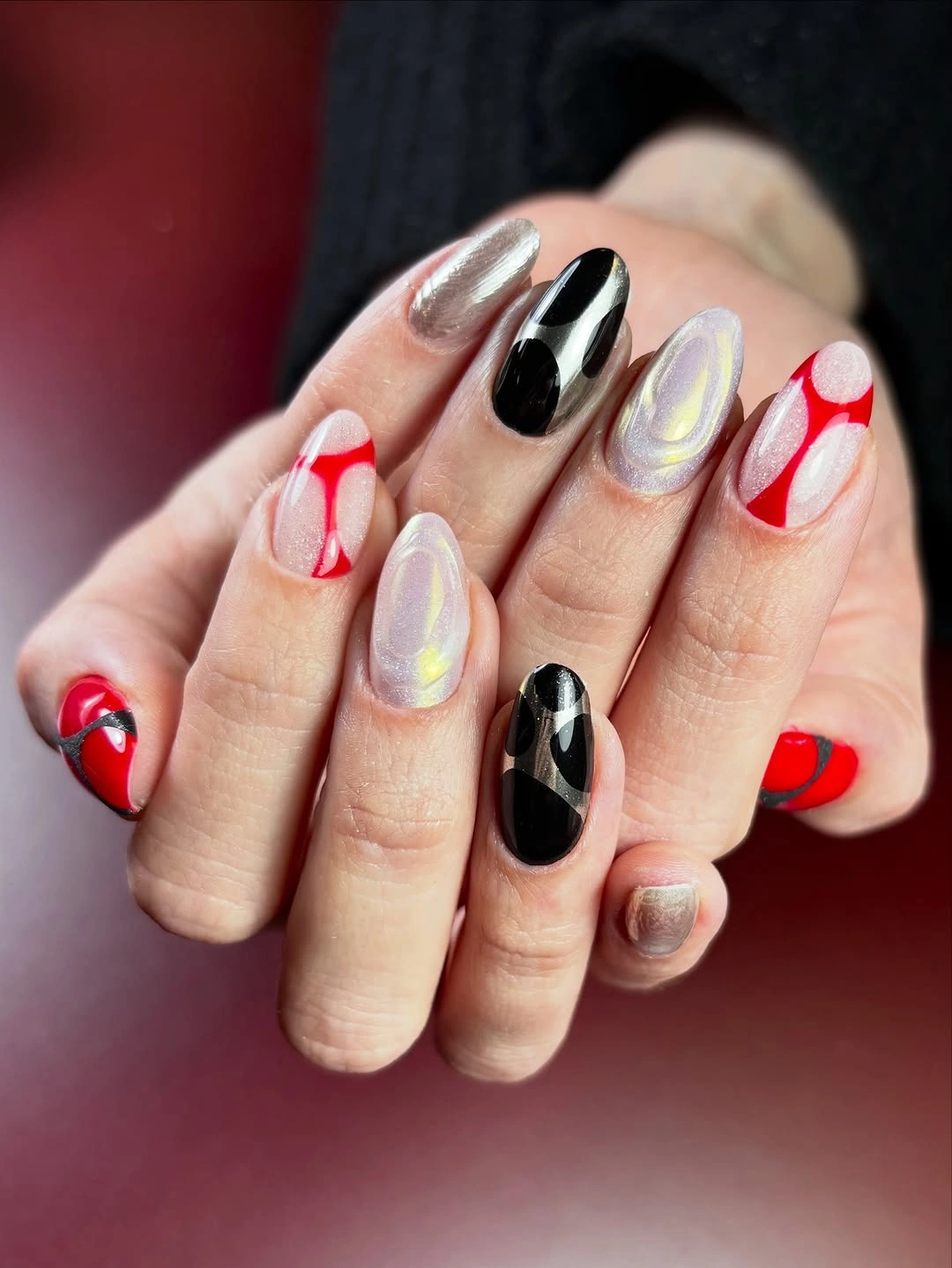 September nails color 2026 Black Red And White Abstract Chrome Nails