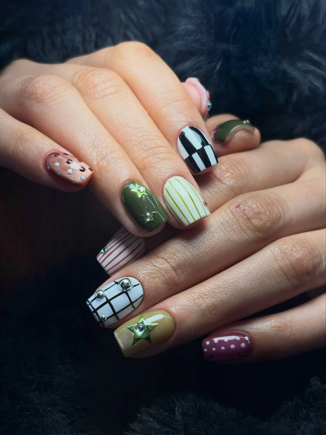 September nails color 2026 Eclectic Olive Burgundy And Checkerboard Short Nails