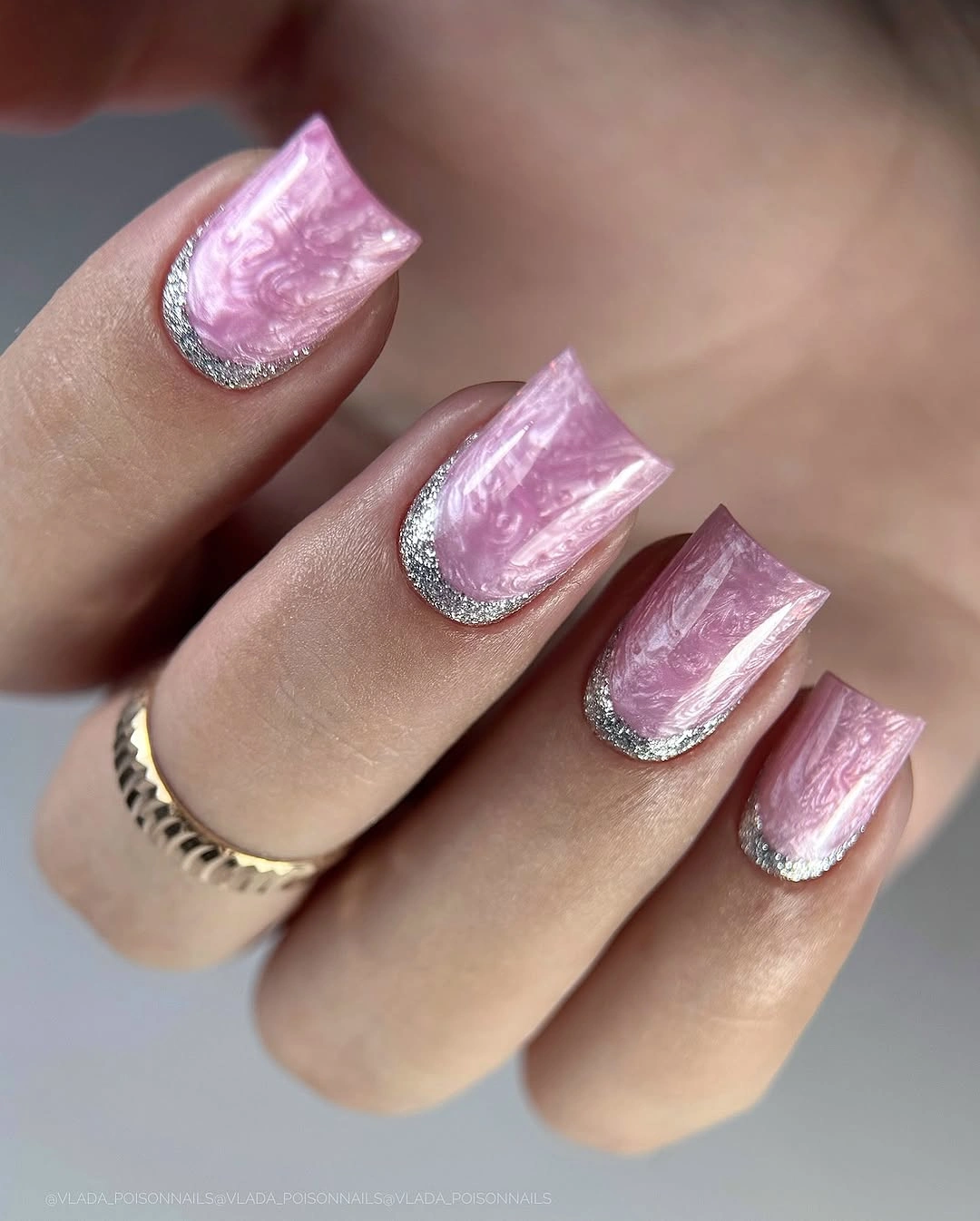 September nails color 2026 Pink Pearl Squares With Silver Glitter Edges