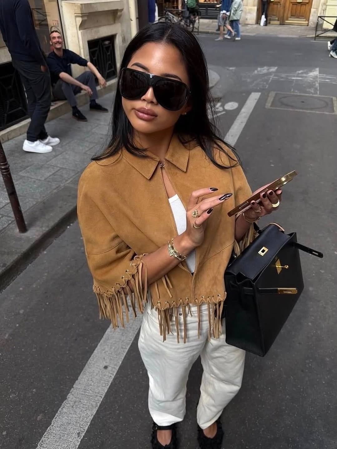 September outfits ideas 2026 Camel Fringe Layer With White Jeans