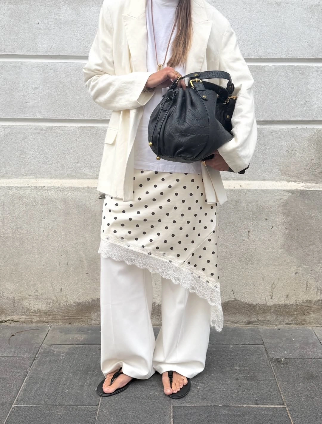 September outfits ideas 2026 Cream Blazer Over Polka Dot Skirt And Trousers