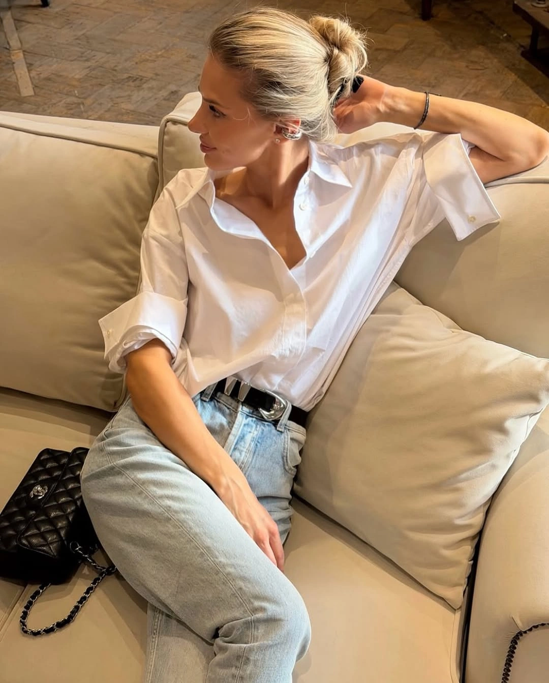 September outfits ideas 2026 White Button-Down With Relaxed Light Denim